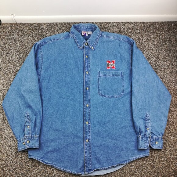 Vintage 90s Nebraska Cornhuskers Shirt Jacket Denim Graphic Sports Mens XL - Picture 2 of 9